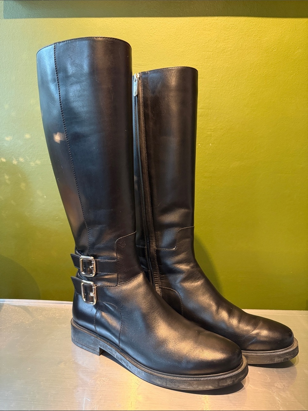 Tod’s Black Leather Knee-High Riding Buckle Boots - Women's